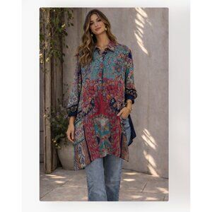Johnny Was Tunic Shirt Womens Small Multicolor Floral Boho Button Front Top
